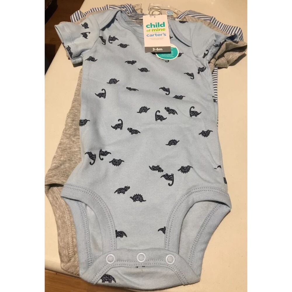 Carter’s bodysuit 3-6 months. Pk Of 3. Dinosaur, Stripes, Solid. Blue & Gray